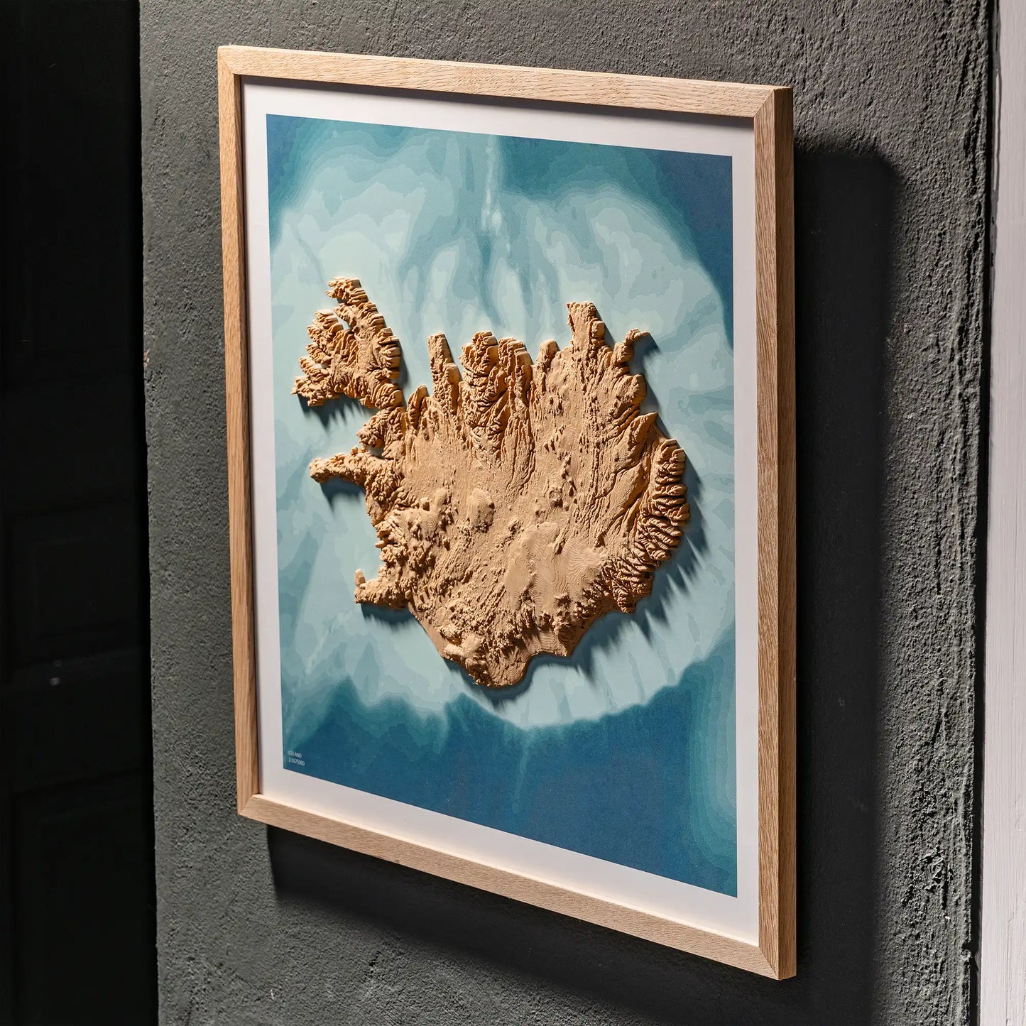 3D topographic map of Iceland in oak frame, wall display – TerraFrames