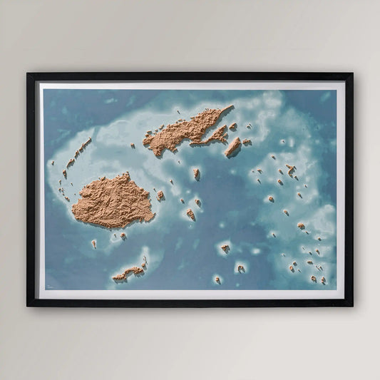 Framed 3D topographic map of Fiji inside a black frame on a light grey wall – TerraFrames