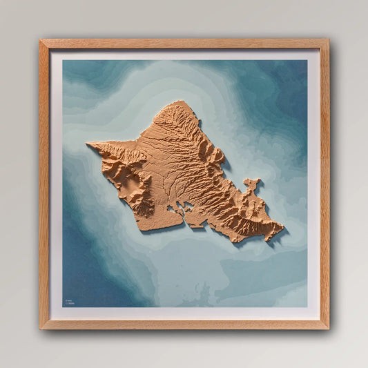 Framed 3D topographic map of O'ahu (Oahu), 40x40cm art board inside an oak frame on a light grey wall – TerraFrames