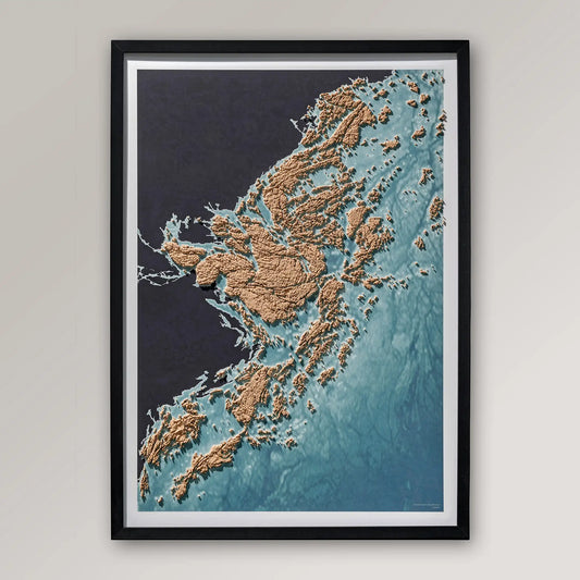 Framed 3D topographic map of Stockholm's archipelago inside a black frame – TerraFrames