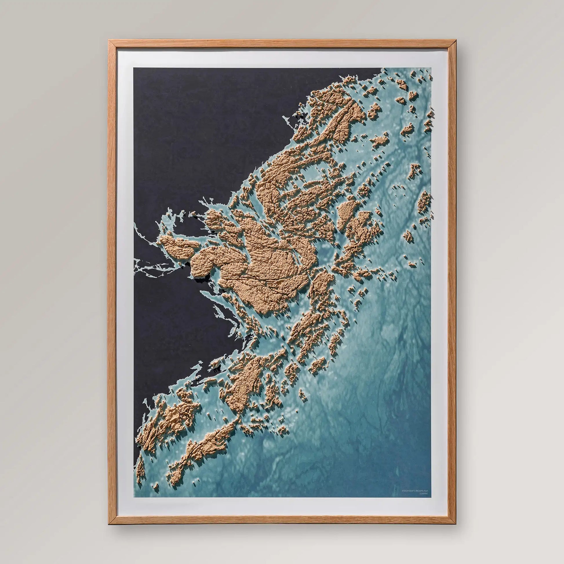 Framed 3D topographic map of Stockholm's archipelago inside an oak frame – TerraFrames