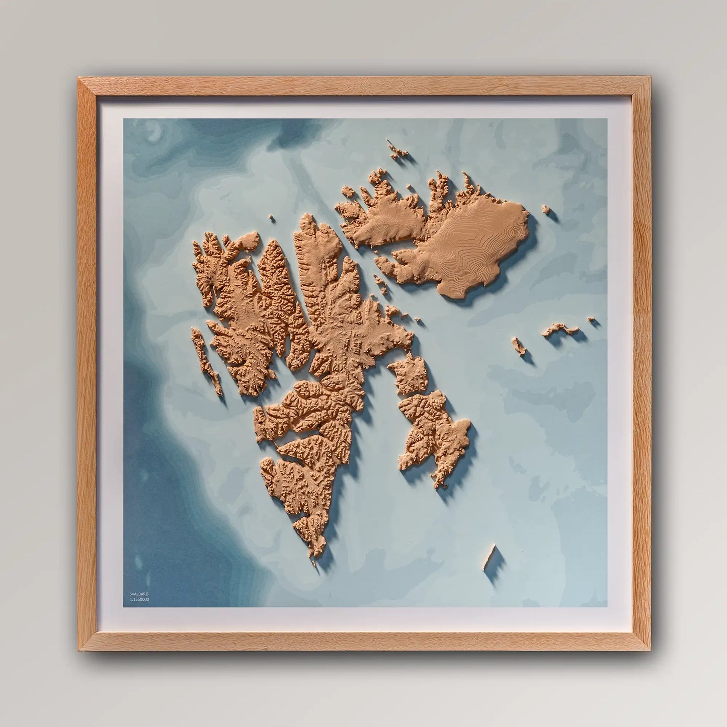 TerraFrames, 3D printed map of Svalbard, 40x40cm art board, oak frame on white background
