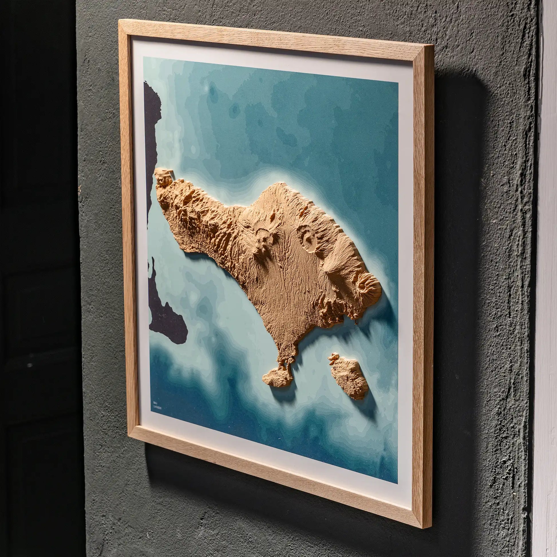 3D  topographic map of Bali in oak frame, wall display – TerraFrames