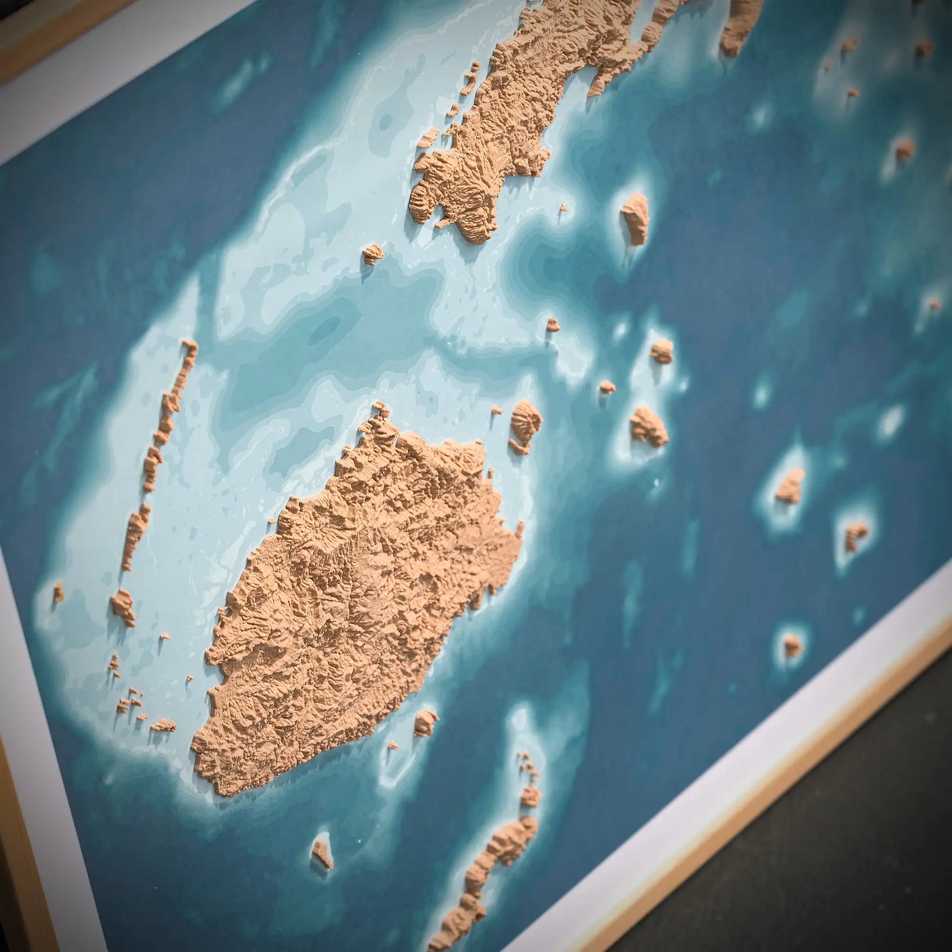 3D closeup of a topographic map of Fiji on a light blue background – TerraFrames