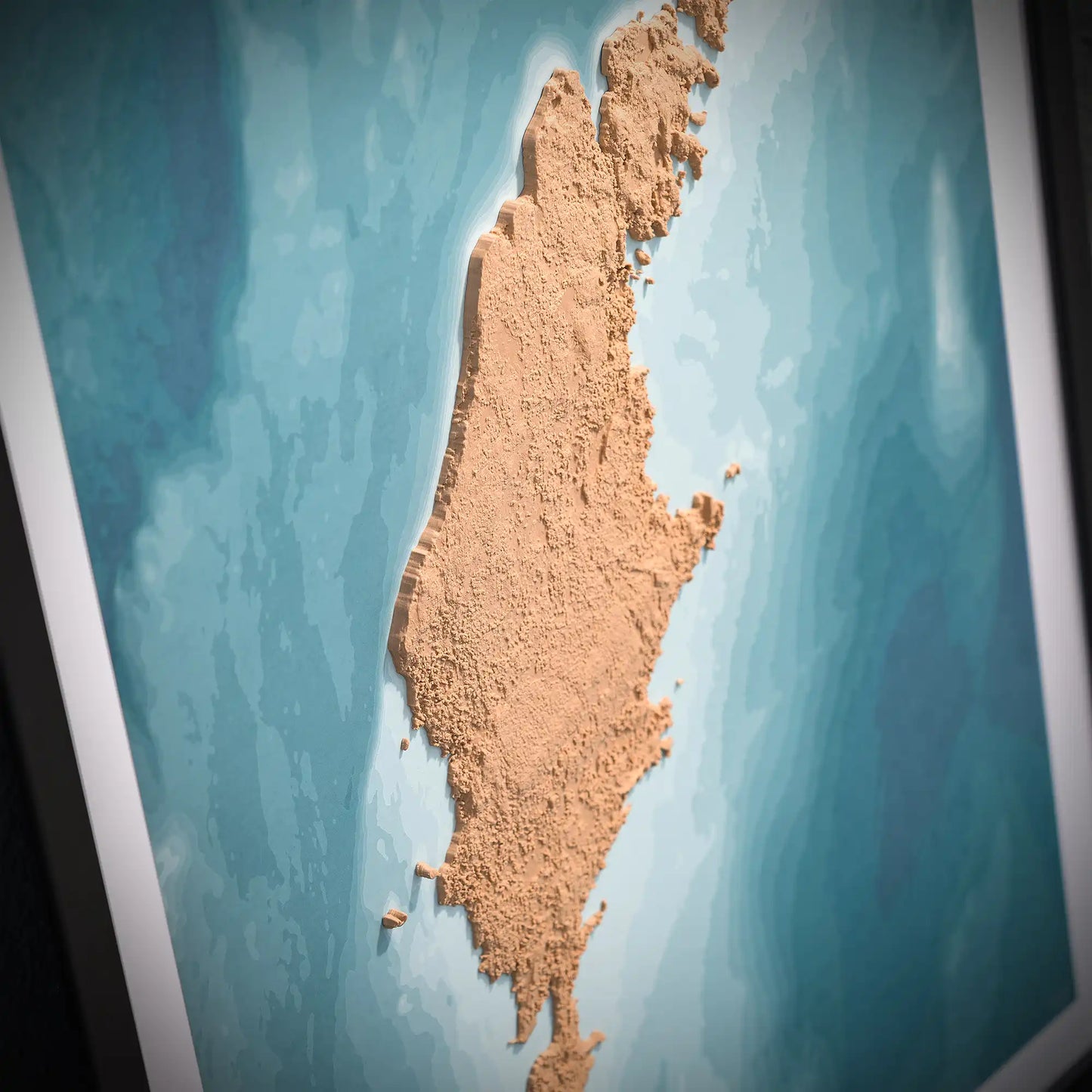 3D closeup of a topographic map of Gotland on a light blue background – TerraFrames