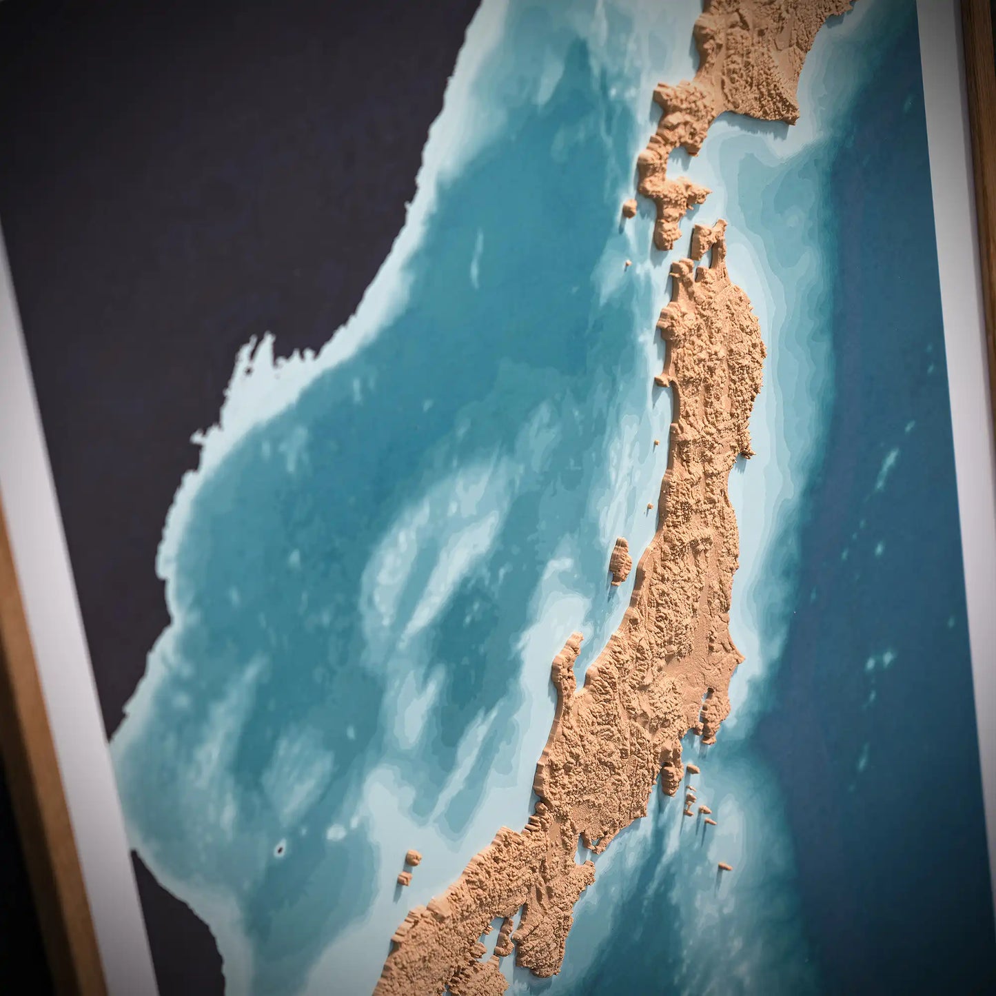 3D closeup of a topographic map of Japan on a light blue background – TerraFrames