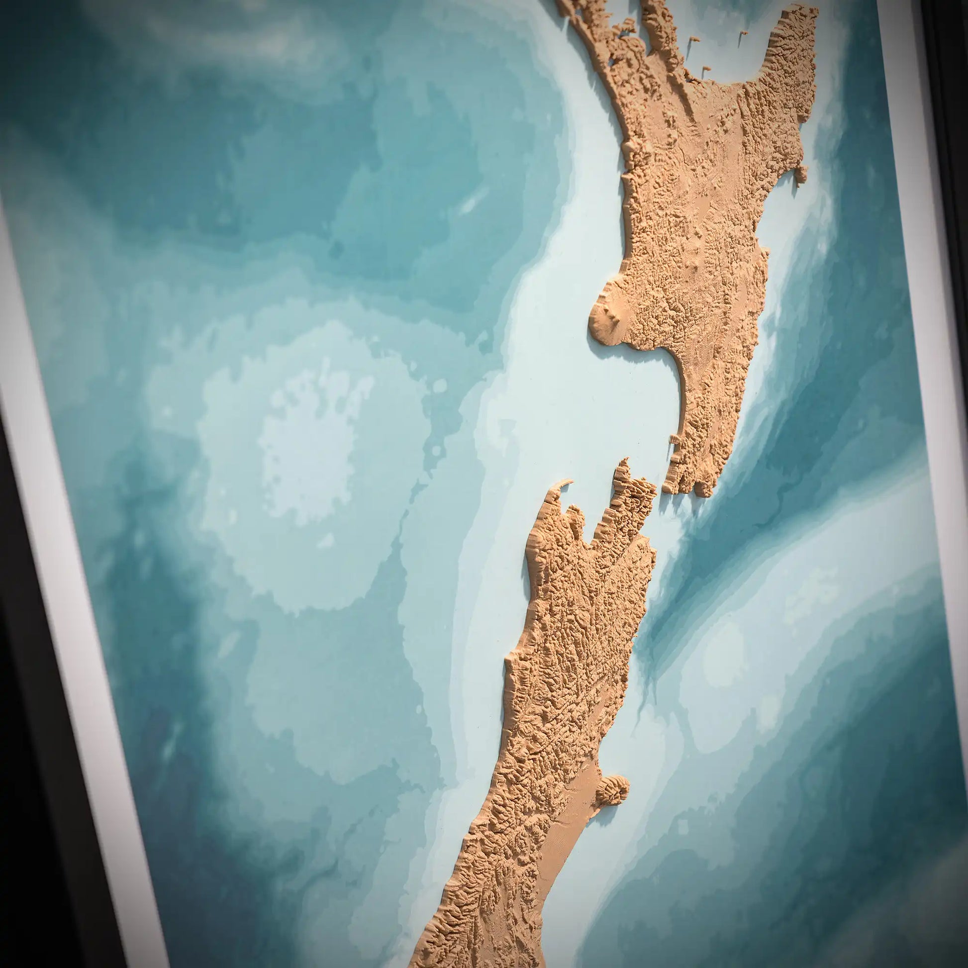 3D closeup of a topographic map New Zealand on a light blue background – TerraFrames