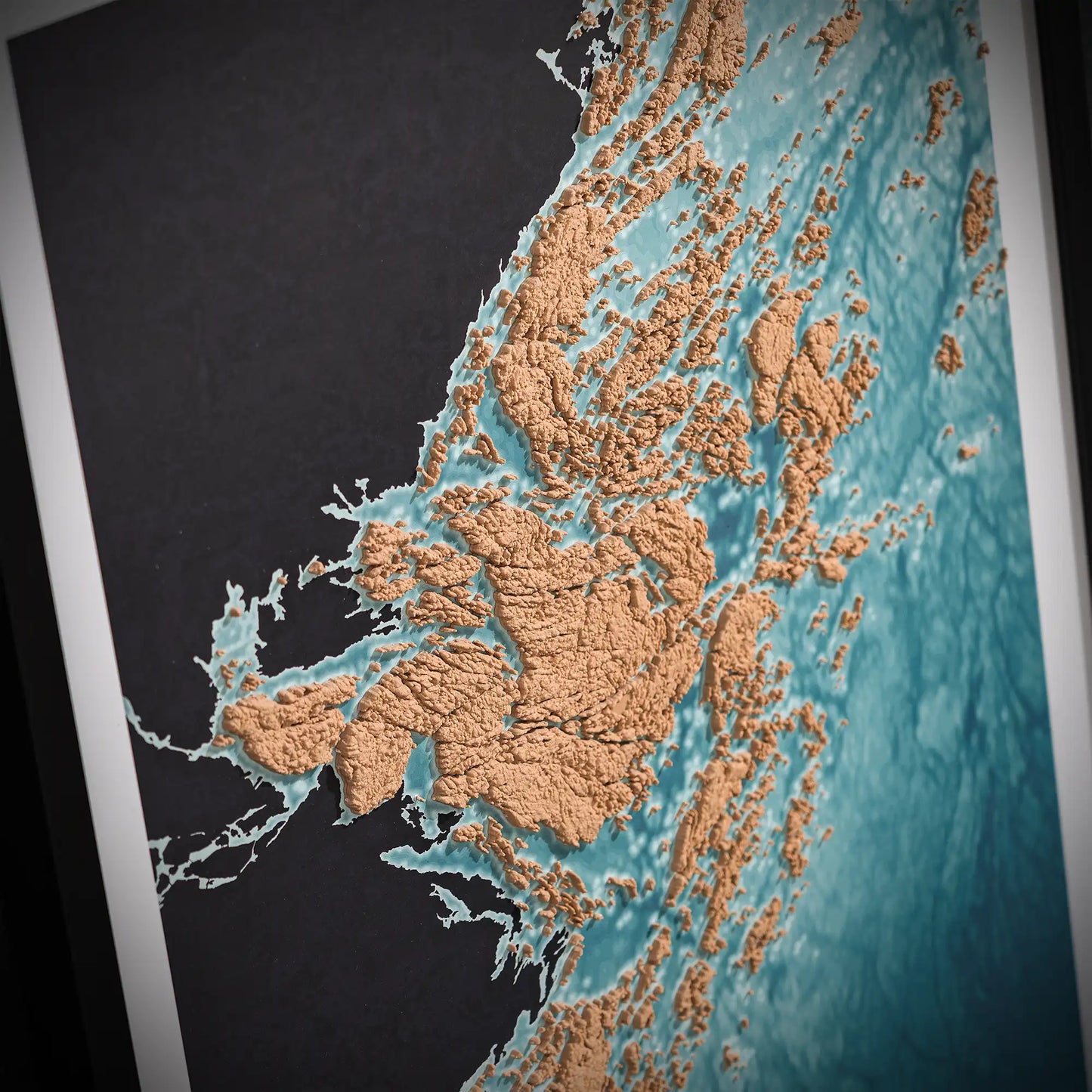 3D closeup of a topographic map of Stockholm's archipelago on a light blue background – TerraFrames